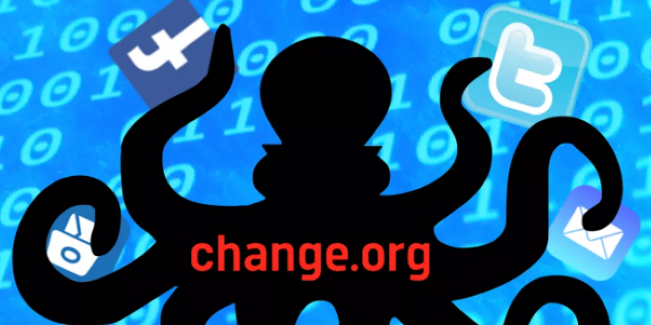 Eine schwarze Datenkrake mit der Aufschrift "change.org". In den Tentakeln hält sie diverse Logos sozialer Medien (Facebook, Twitter, E-Mail). Im Hintergrund blauer Binärcode.