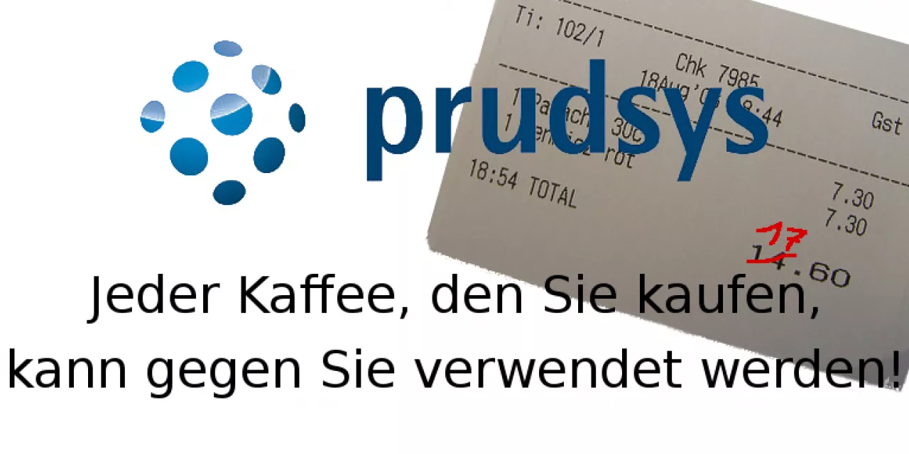 Das Logo von prudsys präsent in der Mitte. Rechts daneben ein Kassenbon im Hintergrund. Darunter der Text: „Jeder Kaffee, den Sie kaufen, kann gegen Sie verwendet werden!“